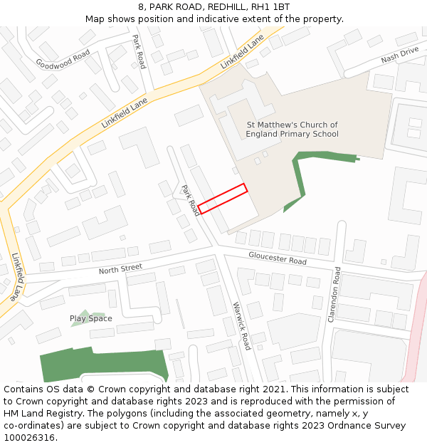 8, PARK ROAD, REDHILL, RH1 1BT: Location map and indicative extent of plot