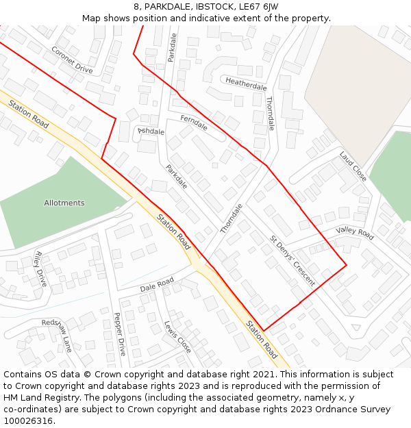 8, PARKDALE, IBSTOCK, LE67 6JW: Location map and indicative extent of plot