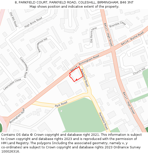 8, PARKFIELD COURT, PARKFIELD ROAD, COLESHILL, BIRMINGHAM, B46 3NT: Location map and indicative extent of plot