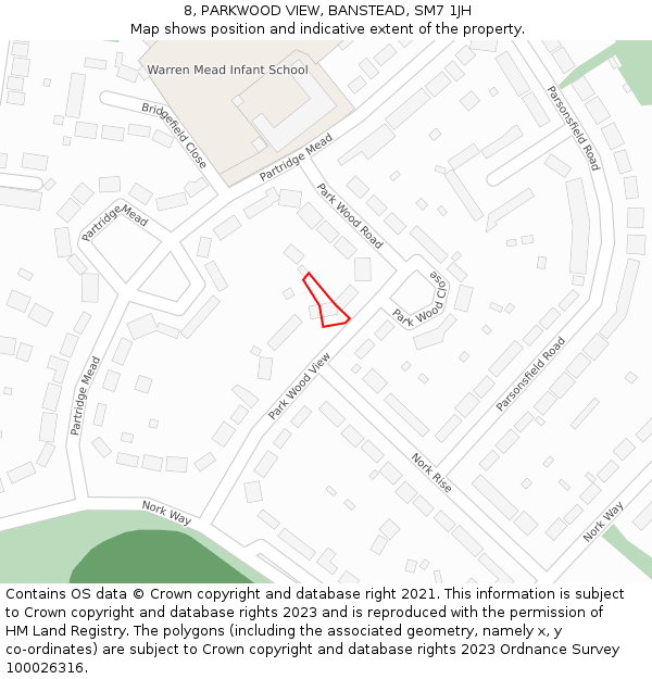 8, PARKWOOD VIEW, BANSTEAD, SM7 1JH: Location map and indicative extent of plot