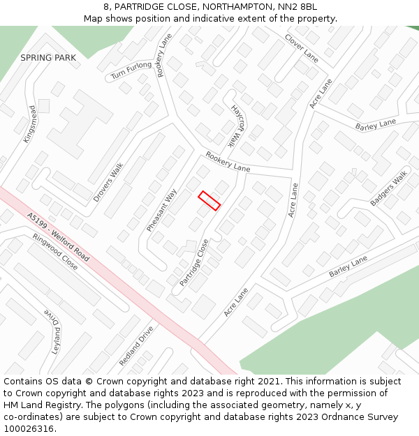 8, PARTRIDGE CLOSE, NORTHAMPTON, NN2 8BL: Location map and indicative extent of plot