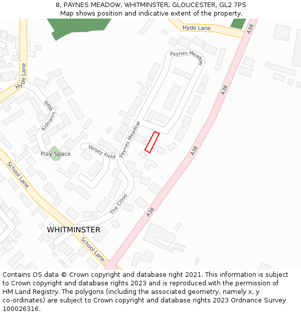 8, PAYNES MEADOW, WHITMINSTER, GLOUCESTER, GL2 7PS: Location map and indicative extent of plot