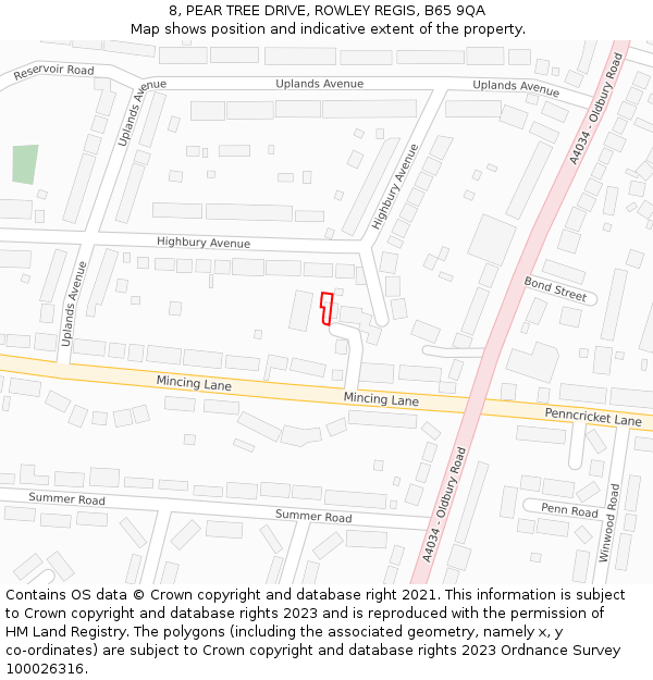 8, PEAR TREE DRIVE, ROWLEY REGIS, B65 9QA: Location map and indicative extent of plot