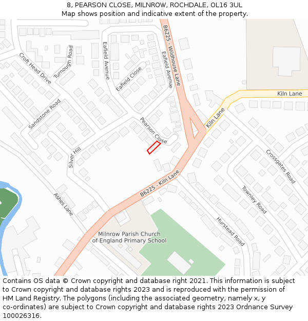 8, PEARSON CLOSE, MILNROW, ROCHDALE, OL16 3UL: Location map and indicative extent of plot