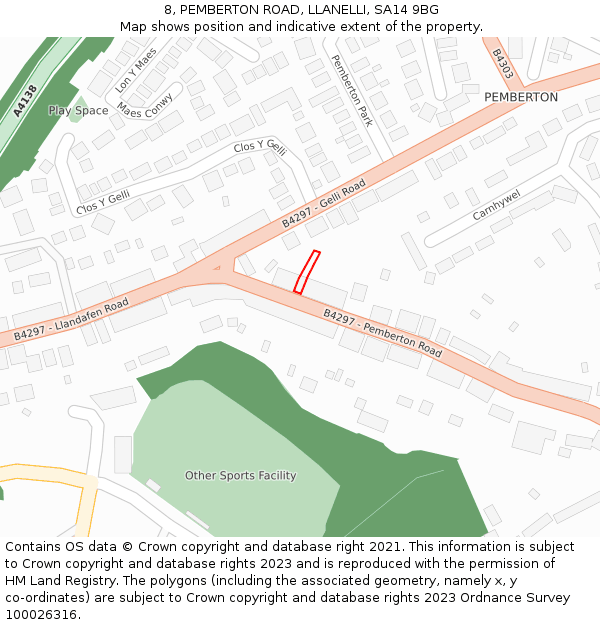 8, PEMBERTON ROAD, LLANELLI, SA14 9BG: Location map and indicative extent of plot