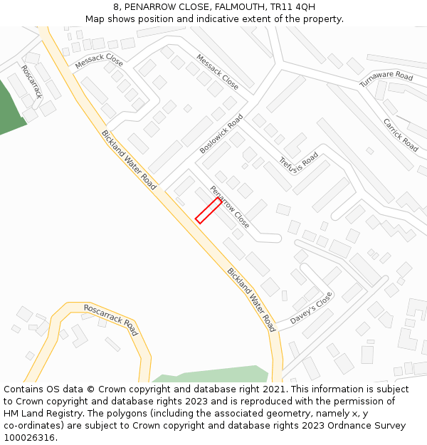 8, PENARROW CLOSE, FALMOUTH, TR11 4QH: Location map and indicative extent of plot