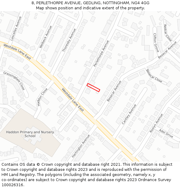 8, PERLETHORPE AVENUE, GEDLING, NOTTINGHAM, NG4 4GG: Location map and indicative extent of plot