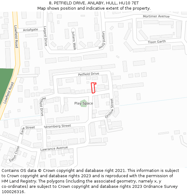 8, PETFIELD DRIVE, ANLABY, HULL, HU10 7ET: Location map and indicative extent of plot