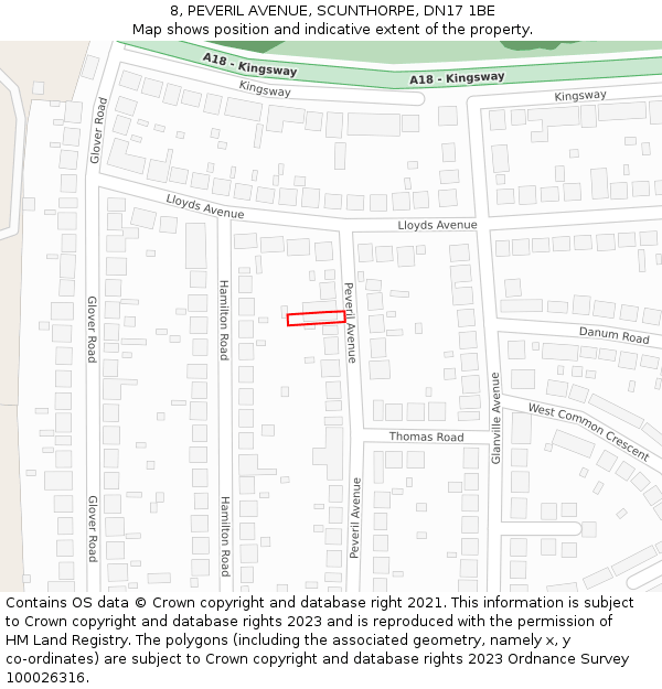 8, PEVERIL AVENUE, SCUNTHORPE, DN17 1BE: Location map and indicative extent of plot