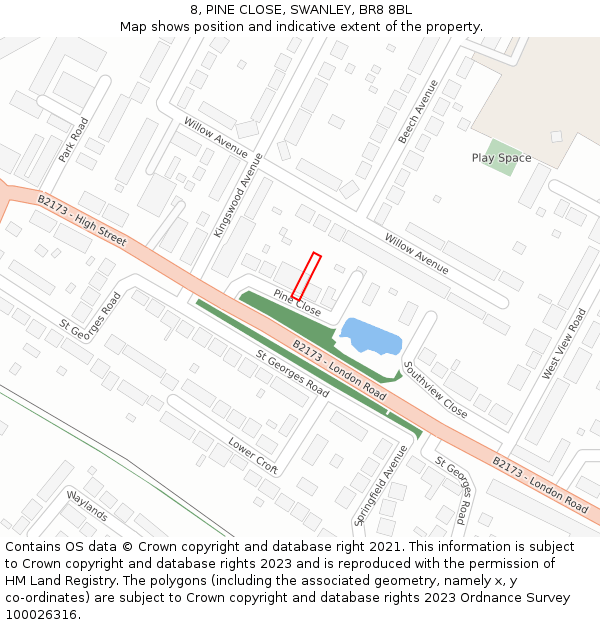 8, PINE CLOSE, SWANLEY, BR8 8BL: Location map and indicative extent of plot