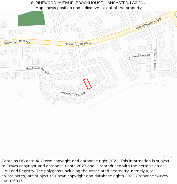 8, PINEWOOD AVENUE, BROOKHOUSE, LANCASTER, LA2 9NU: Location map and indicative extent of plot