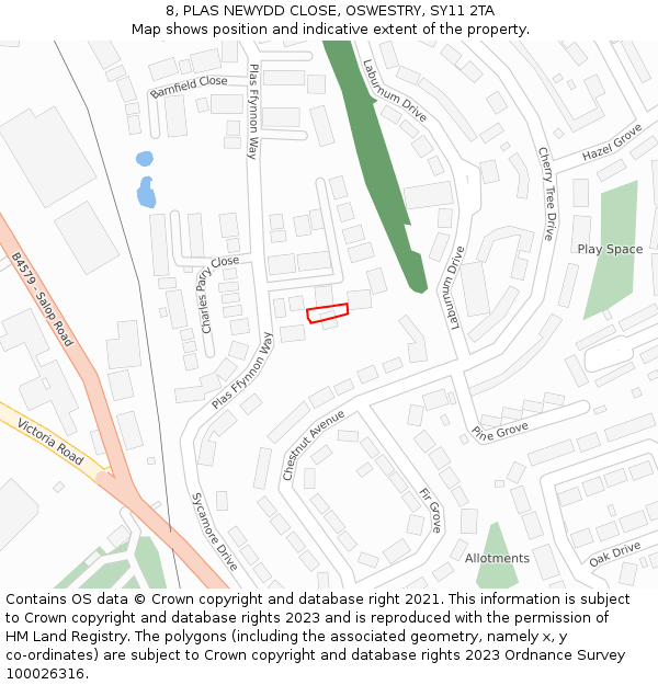 8, PLAS NEWYDD CLOSE, OSWESTRY, SY11 2TA: Location map and indicative extent of plot