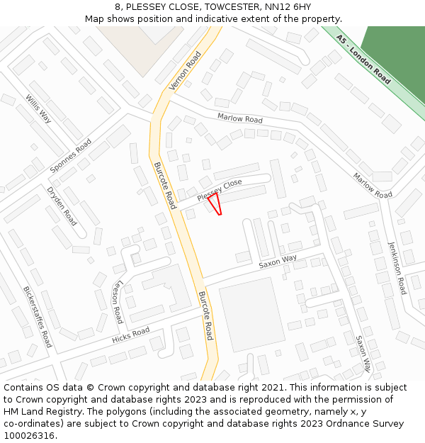 8, PLESSEY CLOSE, TOWCESTER, NN12 6HY: Location map and indicative extent of plot