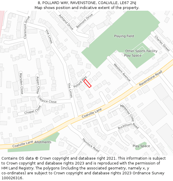 8, POLLARD WAY, RAVENSTONE, COALVILLE, LE67 2NJ: Location map and indicative extent of plot