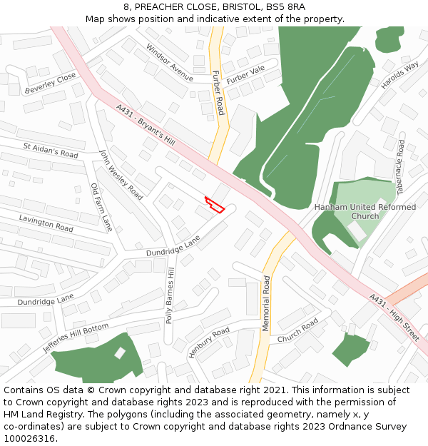 8, PREACHER CLOSE, BRISTOL, BS5 8RA: Location map and indicative extent of plot