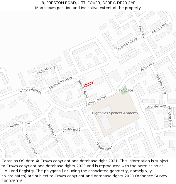 8, PRESTON ROAD, LITTLEOVER, DERBY, DE23 3AF: Location map and indicative extent of plot