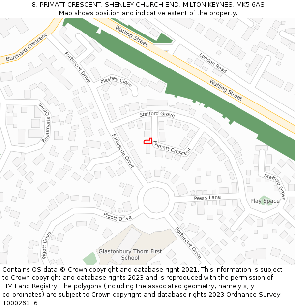 8, PRIMATT CRESCENT, SHENLEY CHURCH END, MILTON KEYNES, MK5 6AS: Location map and indicative extent of plot