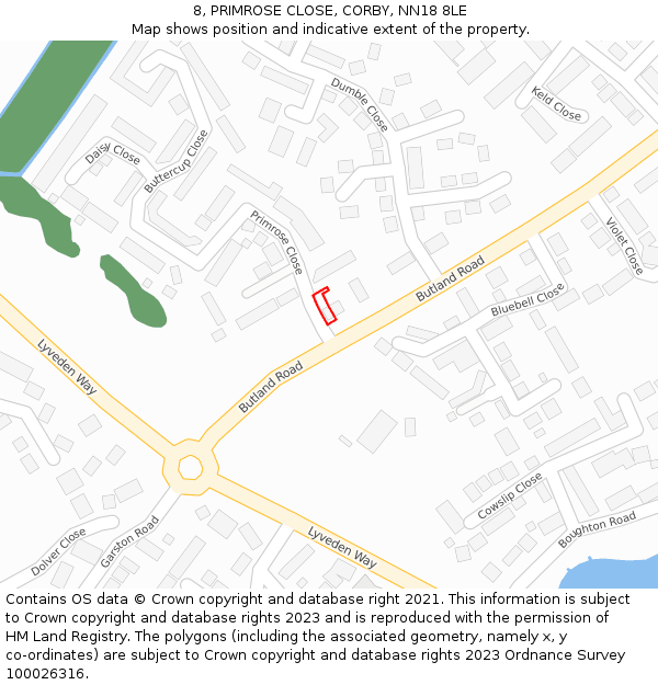 8, PRIMROSE CLOSE, CORBY, NN18 8LE: Location map and indicative extent of plot