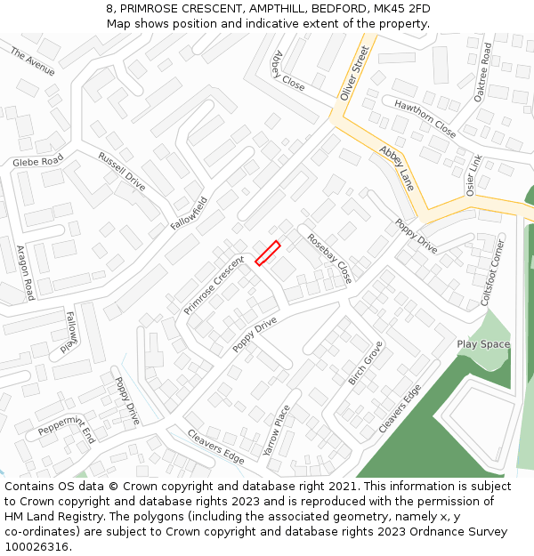 8, PRIMROSE CRESCENT, AMPTHILL, BEDFORD, MK45 2FD: Location map and indicative extent of plot