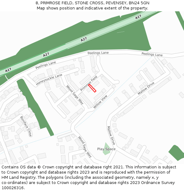 8, PRIMROSE FIELD, STONE CROSS, PEVENSEY, BN24 5GN: Location map and indicative extent of plot