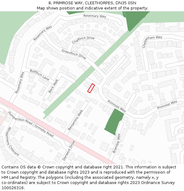 8, PRIMROSE WAY, CLEETHORPES, DN35 0SN: Location map and indicative extent of plot