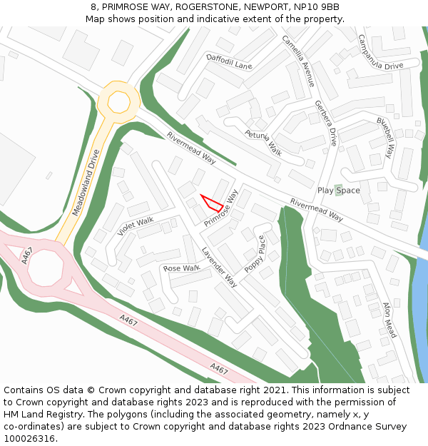 8, PRIMROSE WAY, ROGERSTONE, NEWPORT, NP10 9BB: Location map and indicative extent of plot