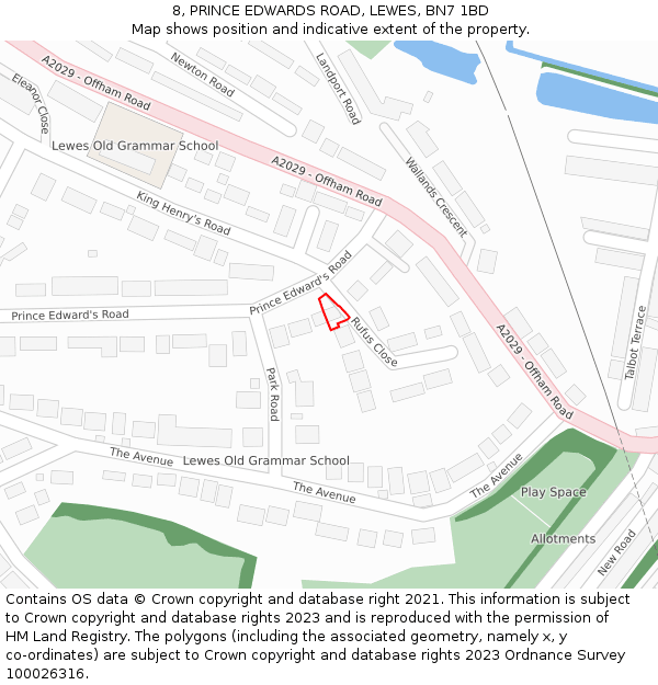 8, PRINCE EDWARDS ROAD, LEWES, BN7 1BD: Location map and indicative extent of plot