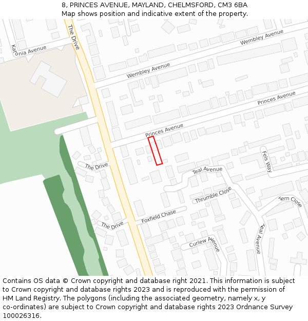 8, PRINCES AVENUE, MAYLAND, CHELMSFORD, CM3 6BA: Location map and indicative extent of plot