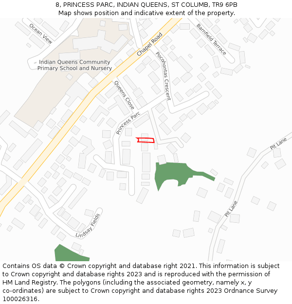 8, PRINCESS PARC, INDIAN QUEENS, ST COLUMB, TR9 6PB: Location map and indicative extent of plot