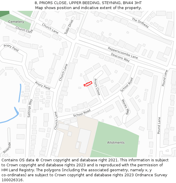 8, PRIORS CLOSE, UPPER BEEDING, STEYNING, BN44 3HT: Location map and indicative extent of plot