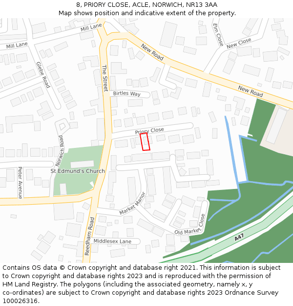 8, PRIORY CLOSE, ACLE, NORWICH, NR13 3AA: Location map and indicative extent of plot