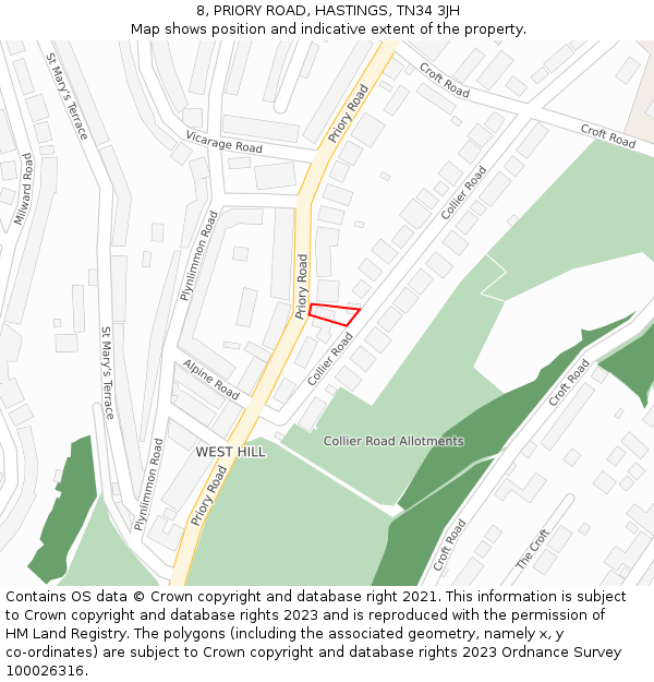 8, PRIORY ROAD, HASTINGS, TN34 3JH: Location map and indicative extent of plot