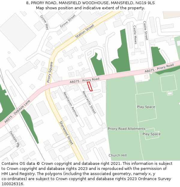 8, PRIORY ROAD, MANSFIELD WOODHOUSE, MANSFIELD, NG19 9LS: Location map and indicative extent of plot