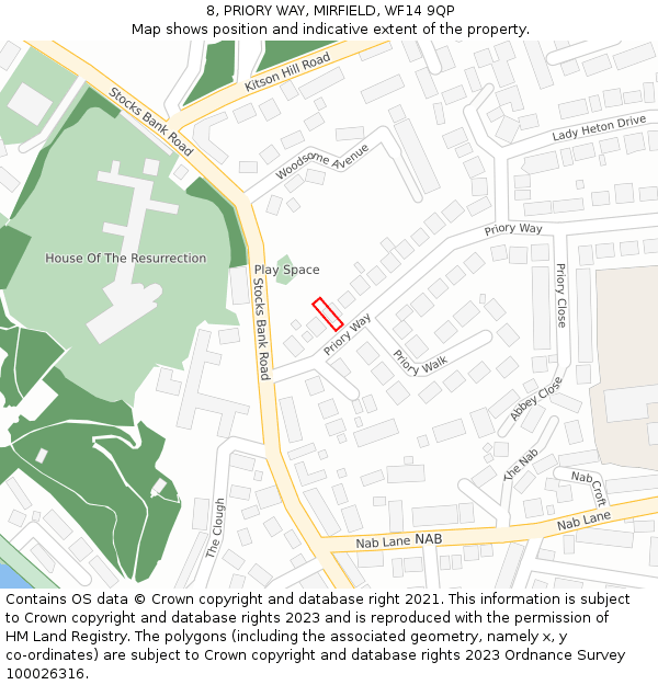 8, PRIORY WAY, MIRFIELD, WF14 9QP: Location map and indicative extent of plot