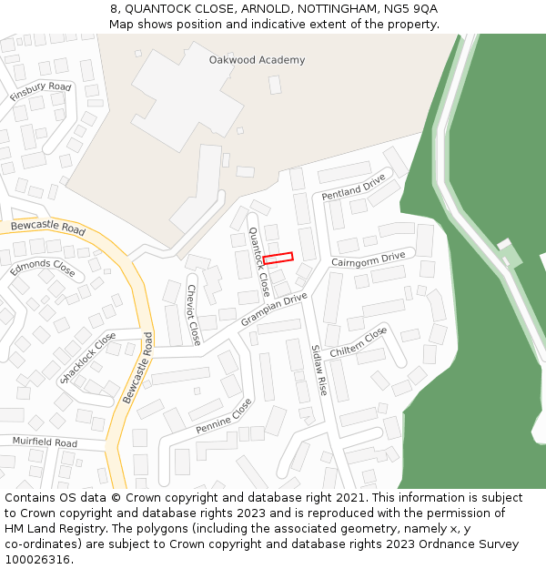 8, QUANTOCK CLOSE, ARNOLD, NOTTINGHAM, NG5 9QA: Location map and indicative extent of plot