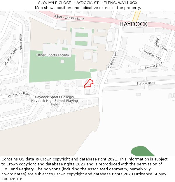 8, QUAYLE CLOSE, HAYDOCK, ST. HELENS, WA11 0GX: Location map and indicative extent of plot