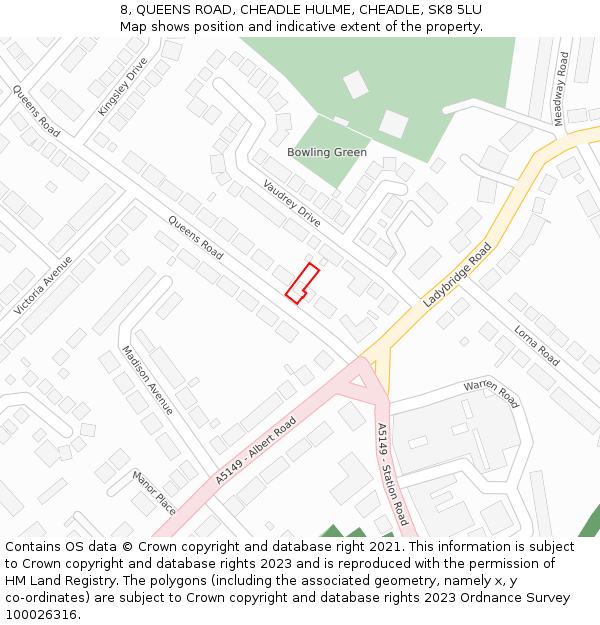 8, QUEENS ROAD, CHEADLE HULME, CHEADLE, SK8 5LU: Location map and indicative extent of plot