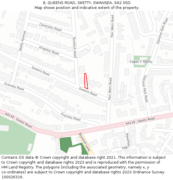 8, QUEENS ROAD, SKETTY, SWANSEA, SA2 0SD: Location map and indicative extent of plot