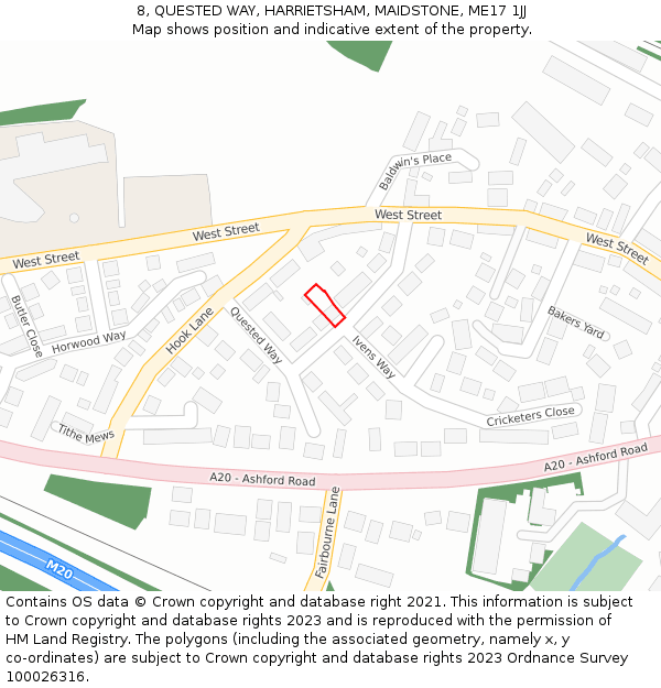 8, QUESTED WAY, HARRIETSHAM, MAIDSTONE, ME17 1JJ: Location map and indicative extent of plot