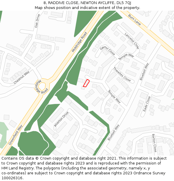 8, RADDIVE CLOSE, NEWTON AYCLIFFE, DL5 7QJ: Location map and indicative extent of plot