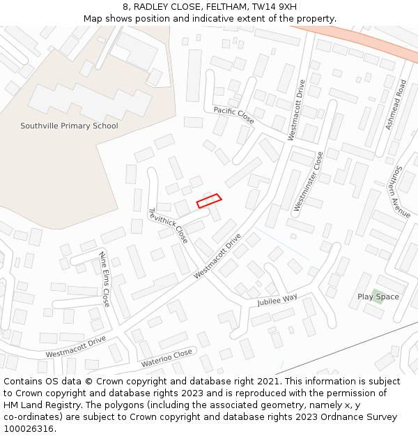 8, RADLEY CLOSE, FELTHAM, TW14 9XH: Location map and indicative extent of plot