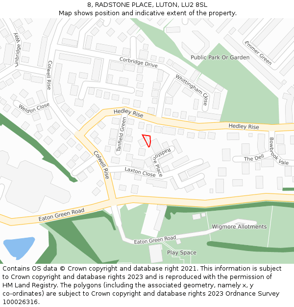 8, RADSTONE PLACE, LUTON, LU2 8SL: Location map and indicative extent of plot