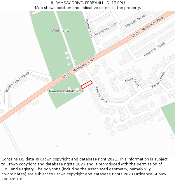 8, RAMSAY DRIVE, FERRYHILL, DL17 8PU: Location map and indicative extent of plot