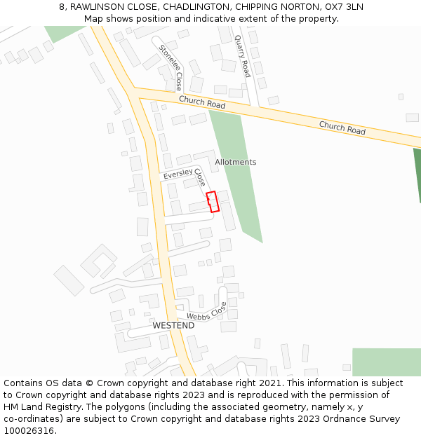 8, RAWLINSON CLOSE, CHADLINGTON, CHIPPING NORTON, OX7 3LN: Location map and indicative extent of plot