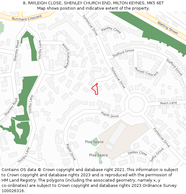 8, RAYLEIGH CLOSE, SHENLEY CHURCH END, MILTON KEYNES, MK5 6ET: Location map and indicative extent of plot