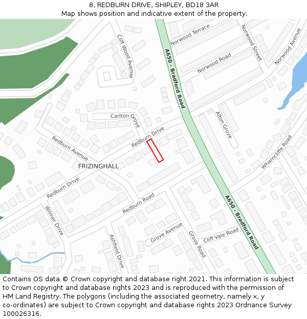 8, REDBURN DRIVE, SHIPLEY, BD18 3AR: Location map and indicative extent of plot