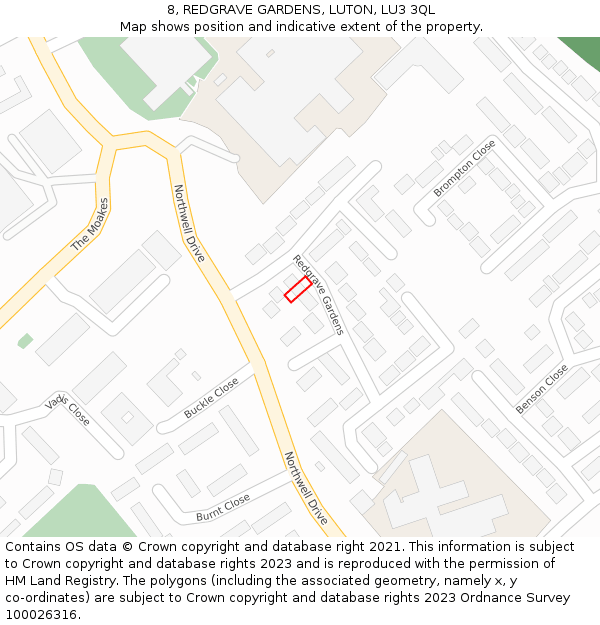 8, REDGRAVE GARDENS, LUTON, LU3 3QL: Location map and indicative extent of plot