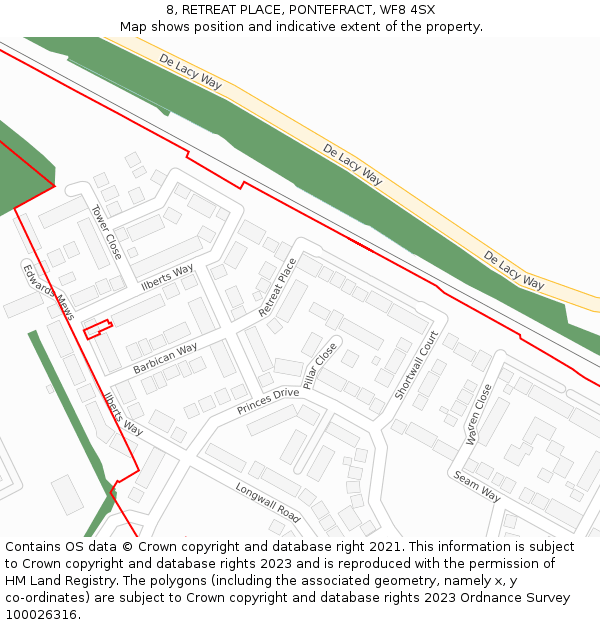 8, RETREAT PLACE, PONTEFRACT, WF8 4SX: Location map and indicative extent of plot