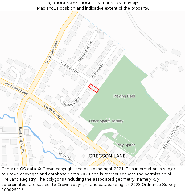 8, RHODESWAY, HOGHTON, PRESTON, PR5 0JY: Location map and indicative extent of plot