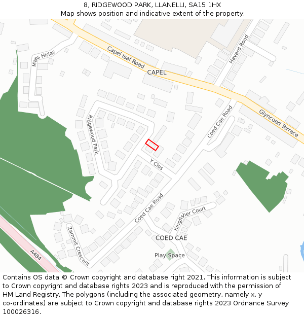 8, RIDGEWOOD PARK, LLANELLI, SA15 1HX: Location map and indicative extent of plot